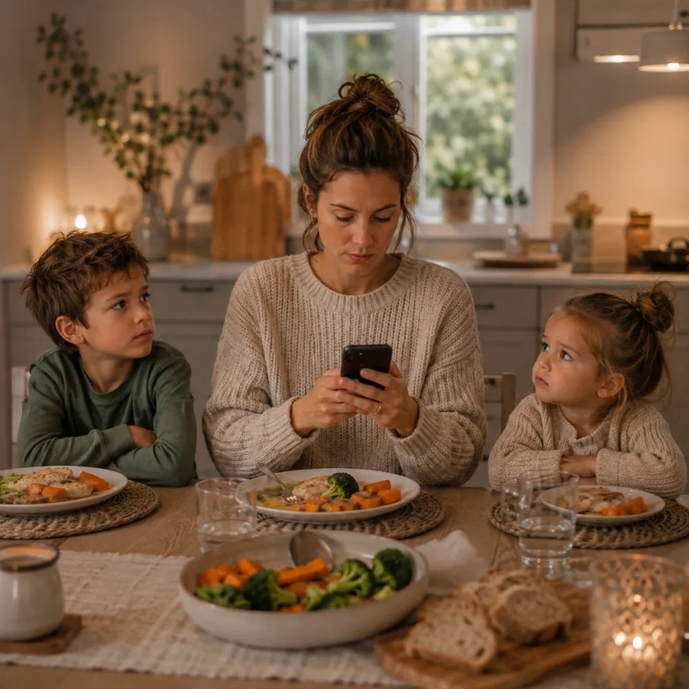 Je pakt zelf de telefoon erbij tijdens het spelen of eten, en vraagt je af welk voorbeeld je daarmee geeft.